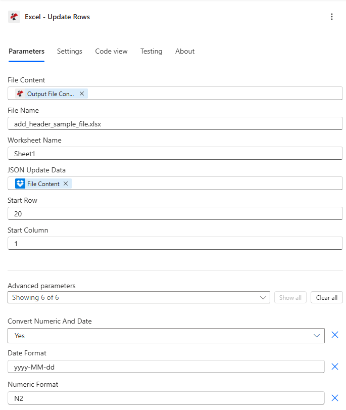 Clicca per ingrandire Azione Power Automate PDF4me Excel - Aggiorna righe configurata con Contenuto file, Nome file, Nome foglio di lavoro Foglio1, Aggiornamento dati JSON, Riga iniziale 20, Colonna iniziale 1 e parametri avanzati che mostrano Converti numerico e data Sì, Formato data aaaa-MM-gg e Formato numerico N2
